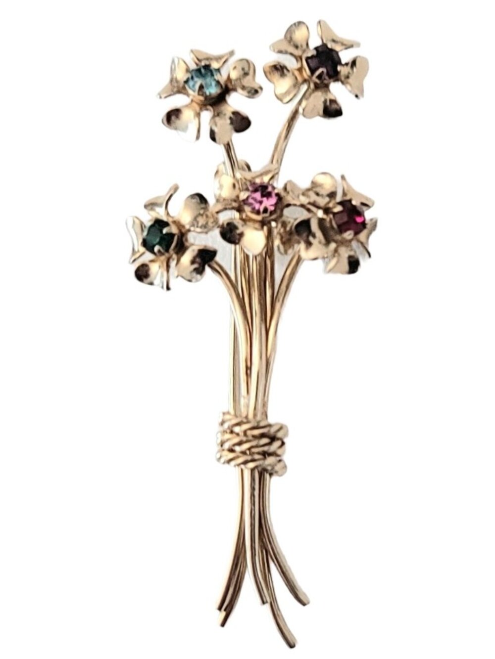 12K Gold Filled Long Stemmed Bouquet Of Flowers Rhinestone Pin Brooch, M1020